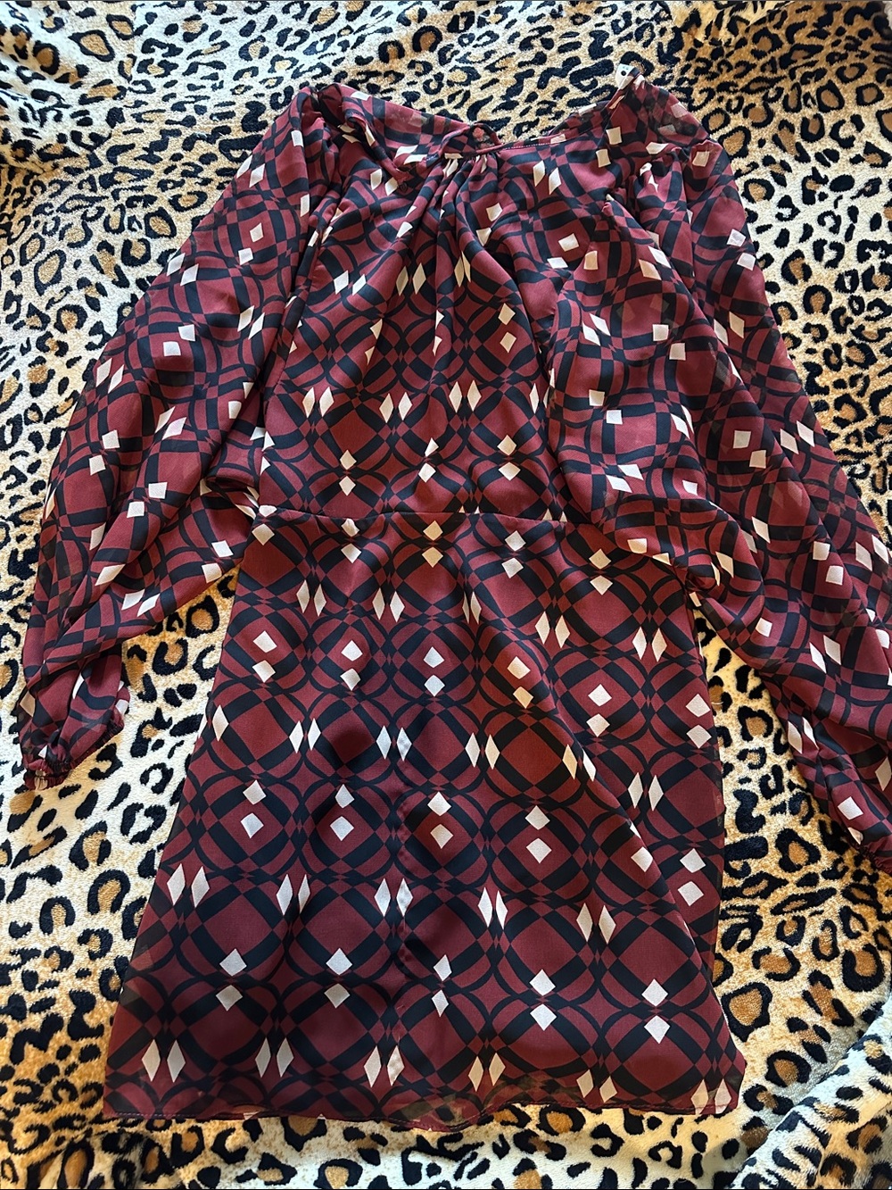 Zara Burgundy, Black & Cream Graphic Print Dress sheer